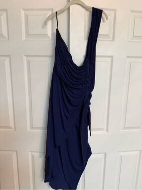 Asymmetrical Navy Blue Draped Cocktail Dress